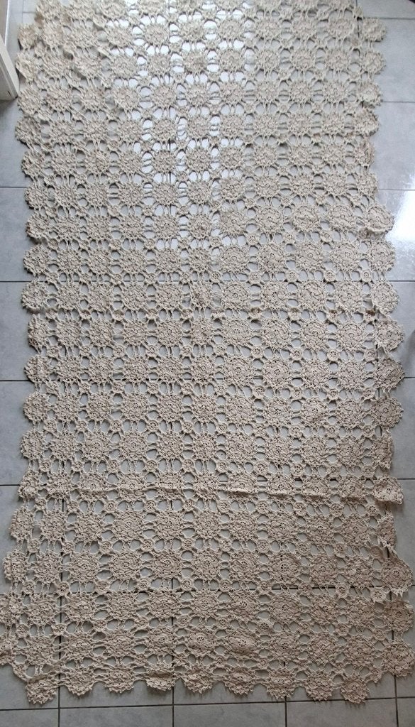 Grote Vintage Handgehaakte Sprei / Boho Sprij (Ecru / Beige), Ophalen of Verzenden, Zo goed als nieuw, Overige typen