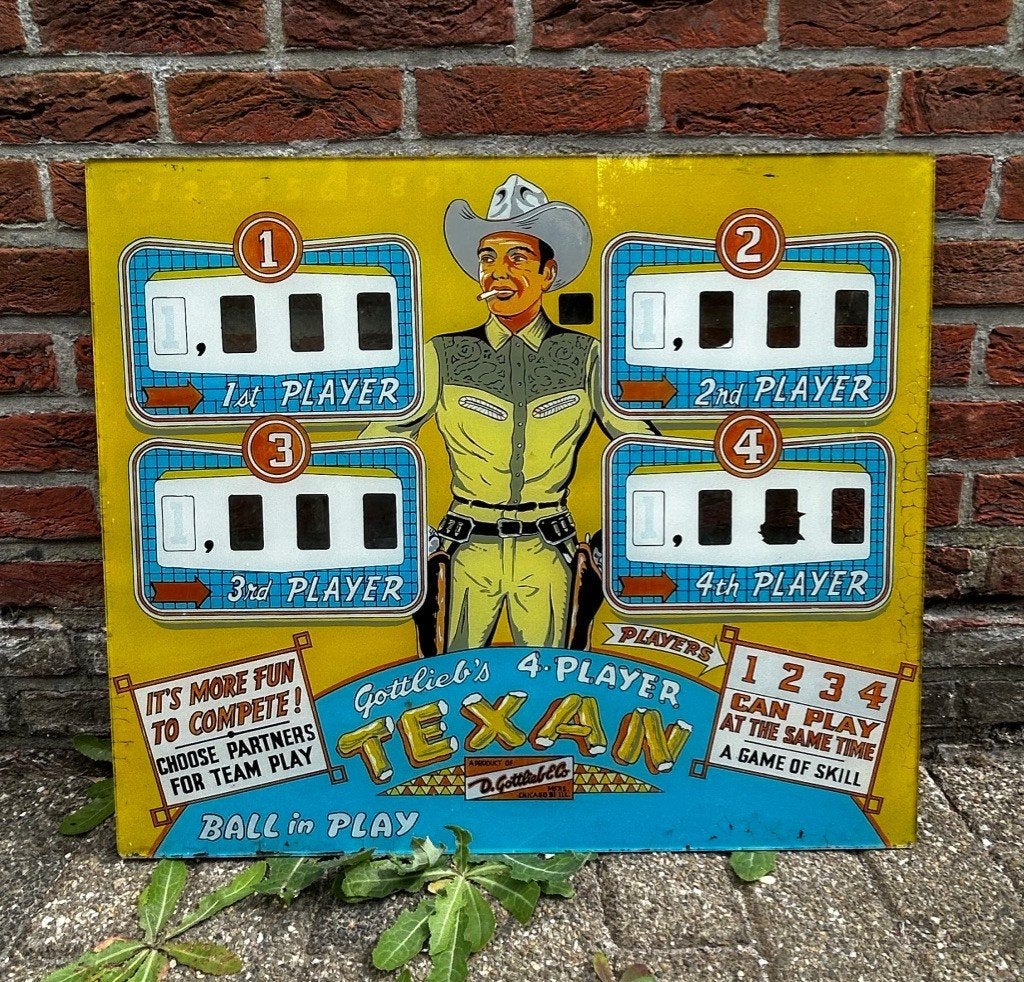 Pare-brise original Texan, Gottlieb & Co. 1960, Collections, Pièces ou Jeu en panne, Gottlieb, Utilisé, Enlèvement