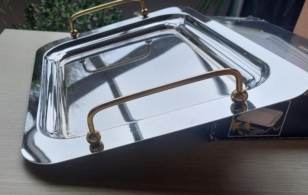 OBLONG TRAY Rechthoekig dienblad - RVS - vergulde handgrepen, Ophalen, Gebruikt, Rechthoekig, Metaal