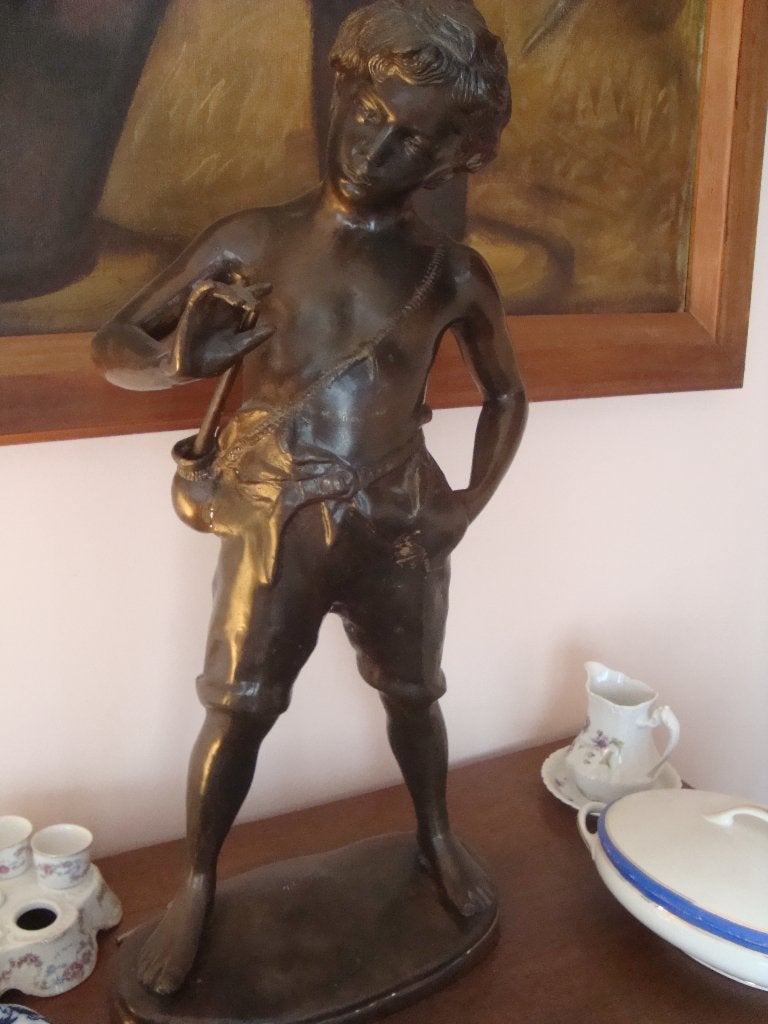 Bronzen beeld 'fluiter'. Getekend Aug. MOREAU, Statue, Brun, Homme, Brons