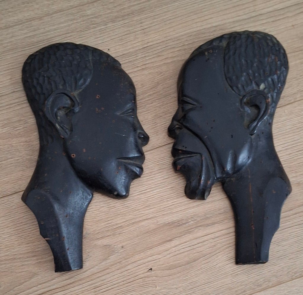 Paire de masques africains Père & Fils Congo Belge (1960), Afrique, Bois, Enlèvement ou Envoi, Masque