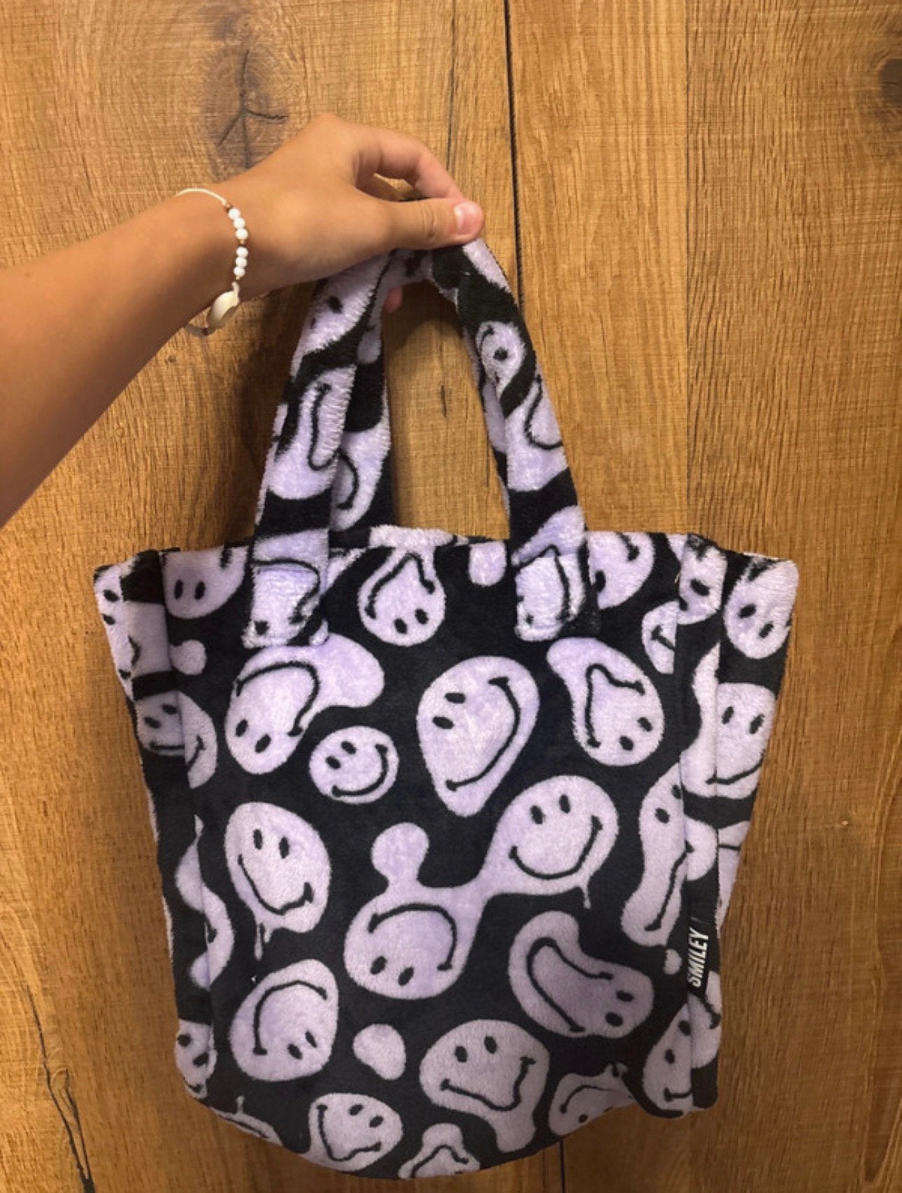 Sac fourre-tout en polaire Smiley, Bijoux, Sacs & Beauté, Envoi, Comme neuf, Violet, Shopper