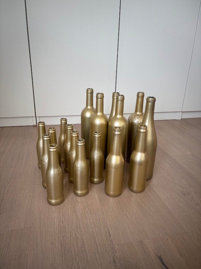 Decoratiemateriaal goudkleurige flessen - Gereserveerd, Ophalen, Geschikt voor droogbloemen, Goud, Glas