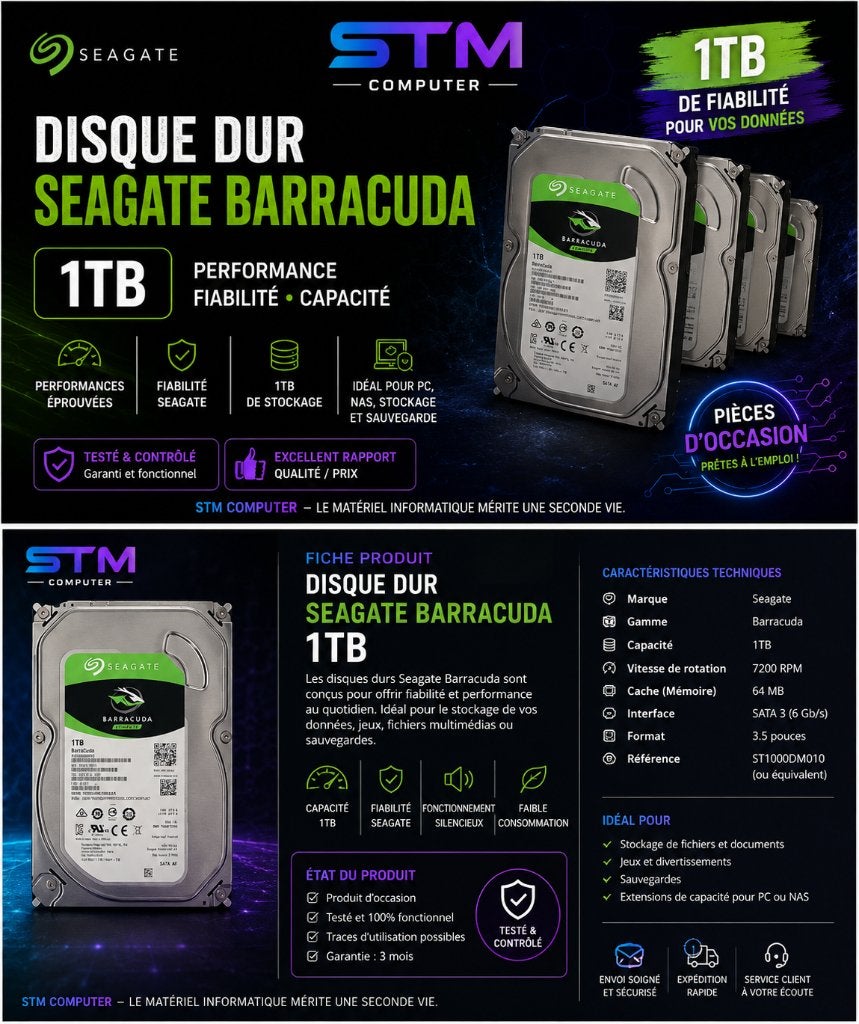 Disque dur Seagate BarraCuda 1 To – Occasion, Informatique & Logiciels, Disques durs, Interne, 1TB, Utilisé, Seagate