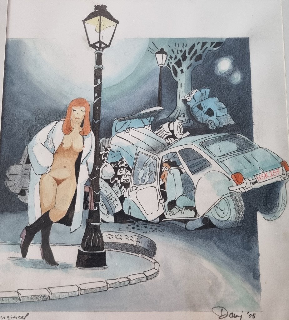 Handgemaakte aquarel / striptekening - Hommage aan Dany, Antiek en Kunst, Ophalen, Aquarel, Passe-partout, Papier/karton