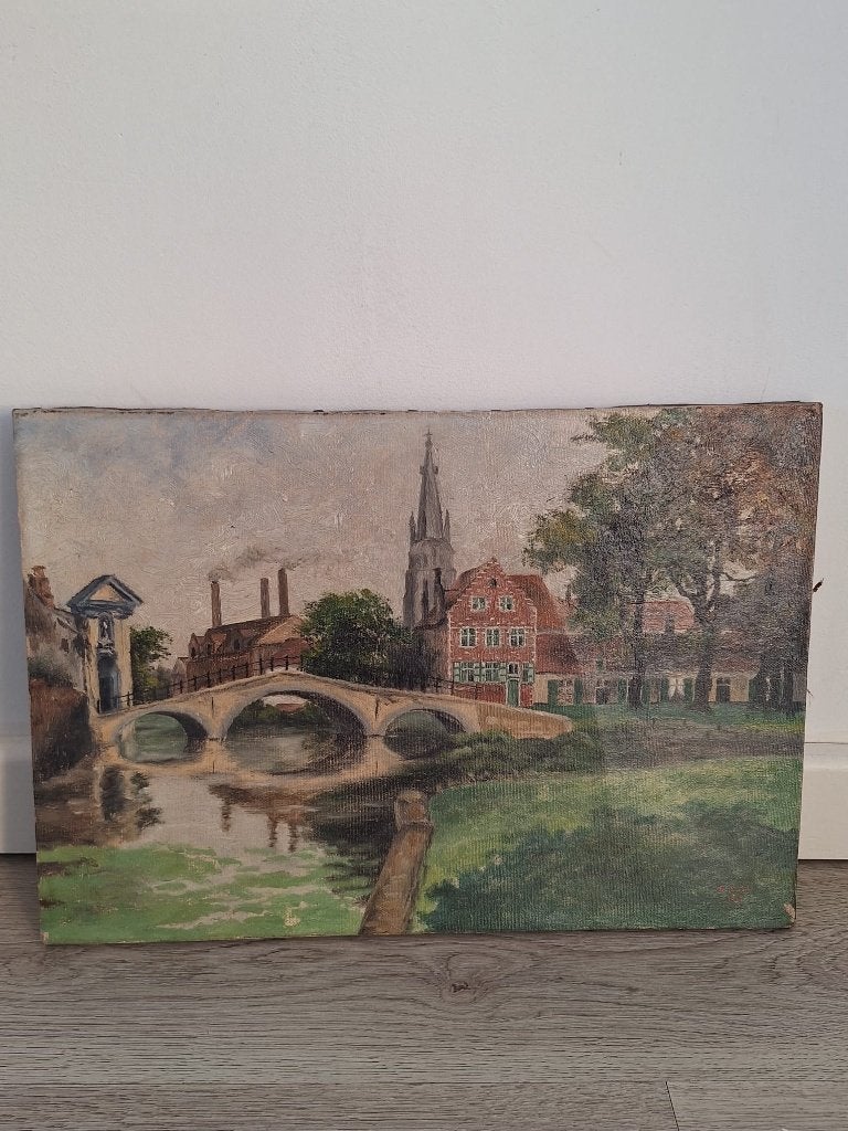 Antiek Schilderij Brugge 1912 - Gesigneerd E. Cool, Antiek en Kunst, Kunst | Schilderijen | Klassiek, Landschap, Realistisch, Olieverf