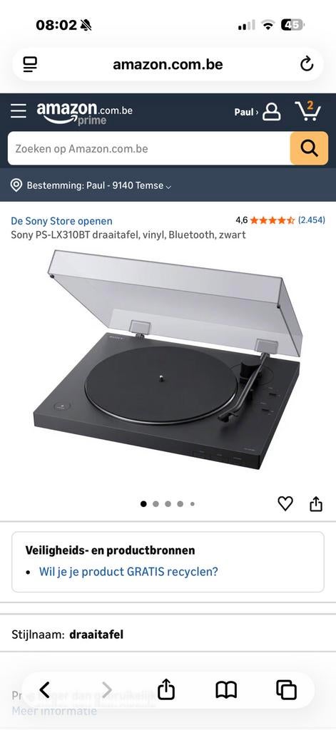 PLATENSPELER SONY PS-LX310BT  NIEUW, Audio, Tv en Foto, Ophalen, Nieuw, Platenspeler, Sony