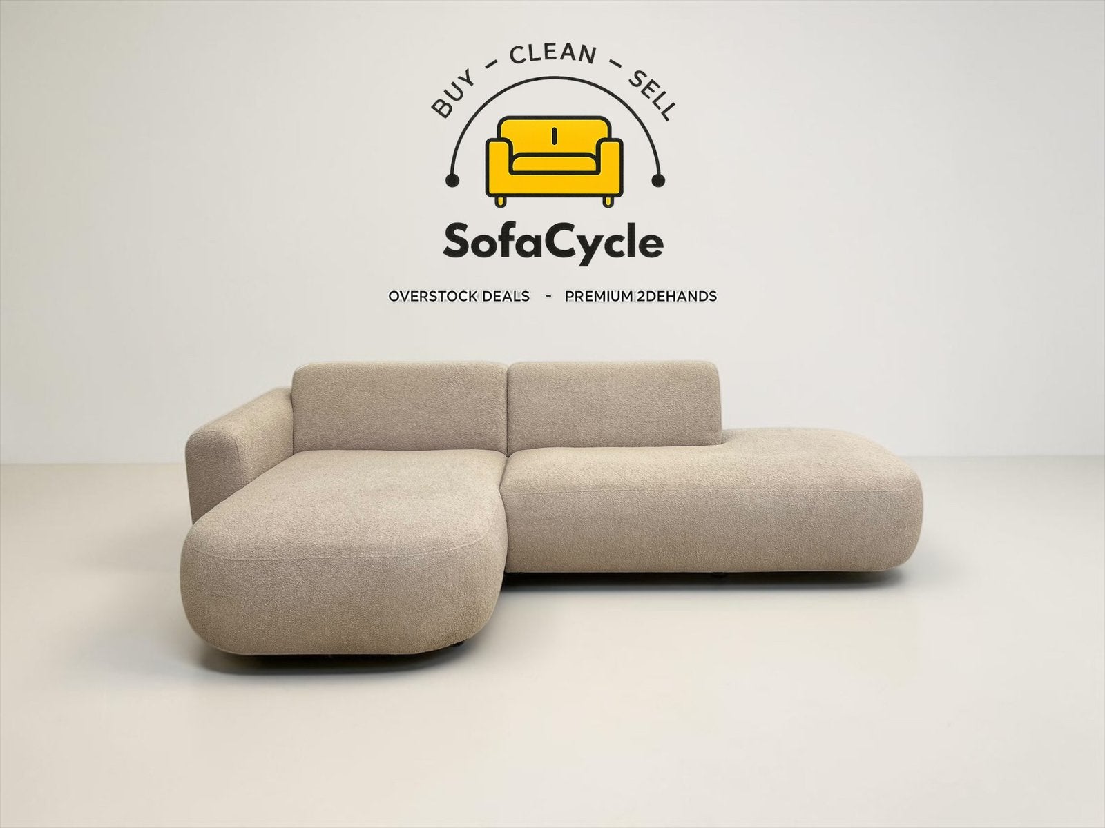 Chaise d'angle beige bouclée, coin L — Overstock /SofaCycle, Neuf, Enlèvement ou Envoi, SofaCycle, Info@sofacycle.be