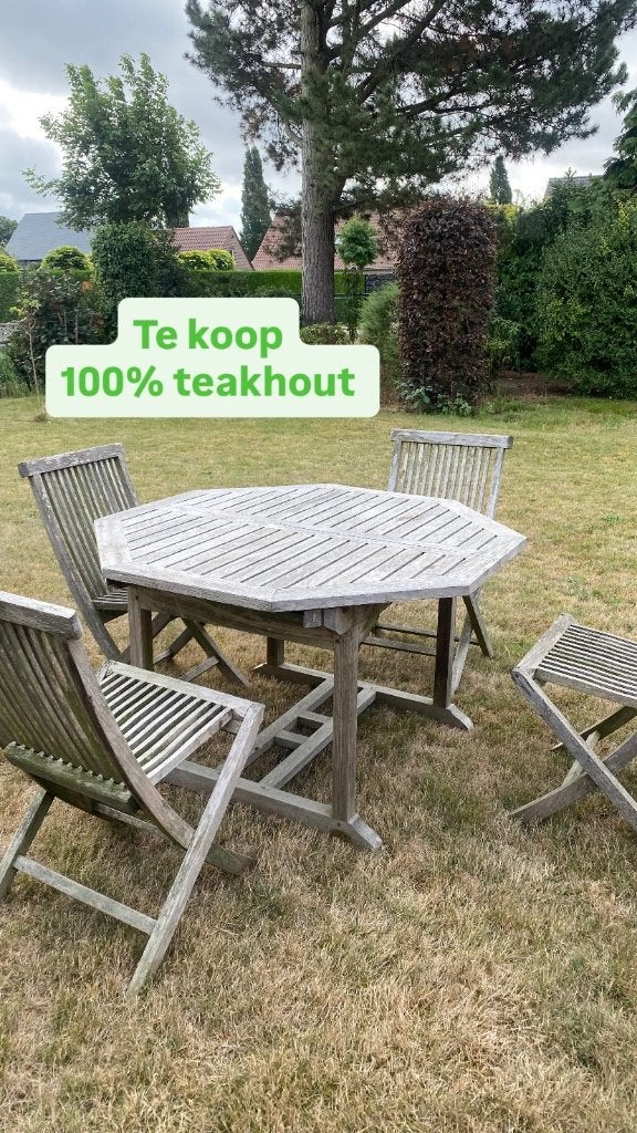 Teakhout Tuinset tafel en stoelen, Ophalen, 4 zitplaatsen, Gebruikt, Teakhout