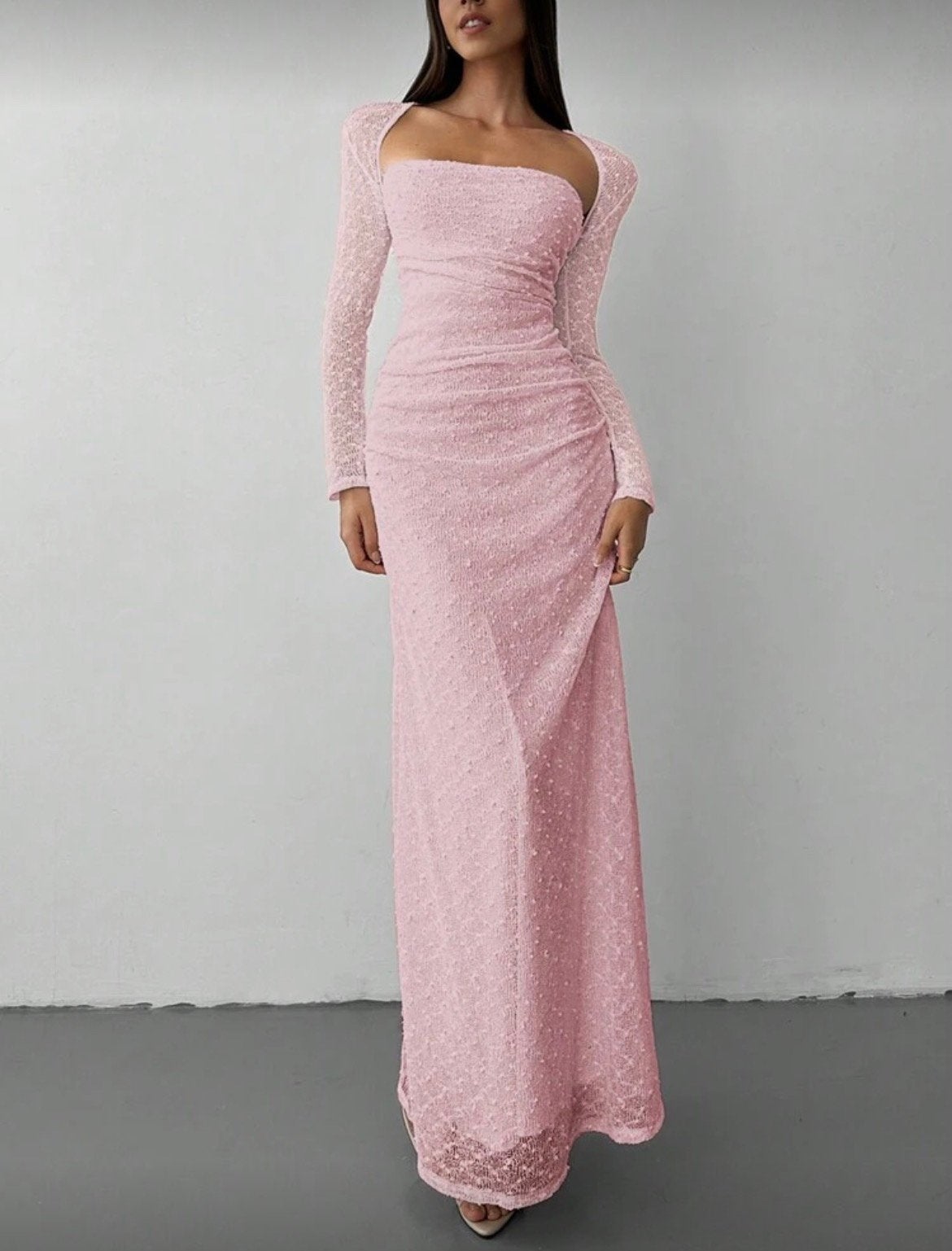 SHEIN Roze Maxi Jurk met Kant & Lange Mouwen, Galajurk, Nieuw, Ophalen of Verzenden, Roze