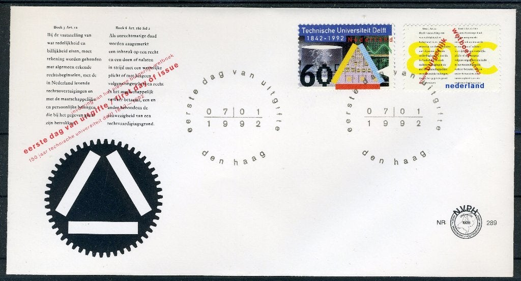 NEDERLAND E289 FDC 1992 - T.U. Delft en Nieuw Wetboek, Verzenden, Na 1940, Gestempeld