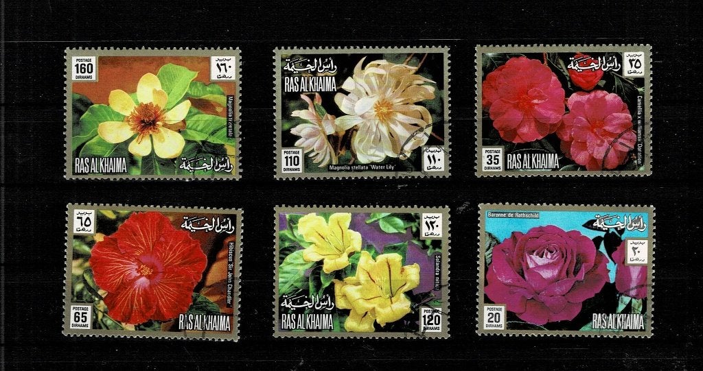 AZIË V.A.E. RAS AL KHAIMA BLOEMEN 6 POSTZEGELS GESTEMPELD, Postzegels en Munten, Ophalen, Gestempeld