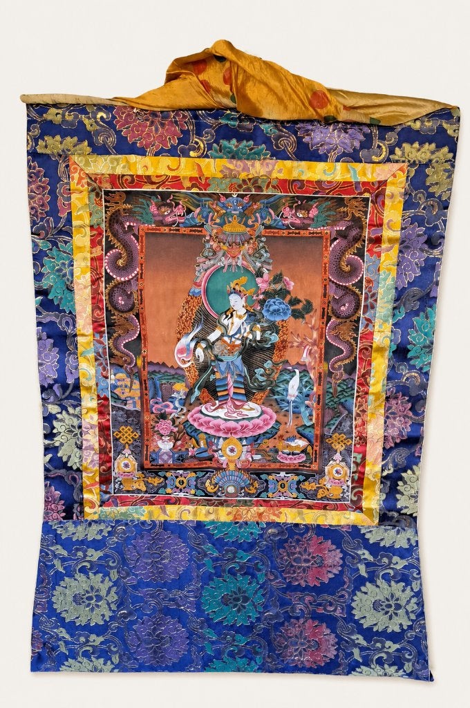 Tibetaanse Thangka Witte Tara – Zijden Brokaat - handmade, Antiek en Kunst, Ophalen of Verzenden