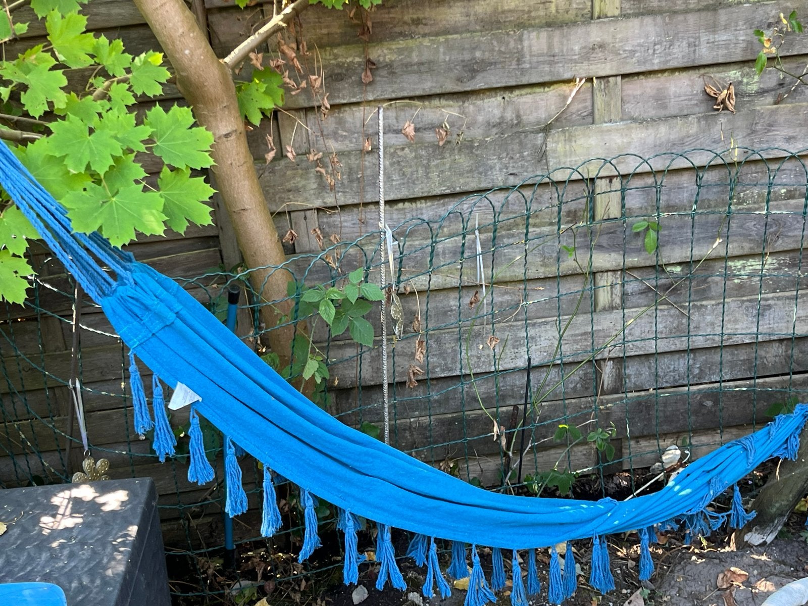 Azuurblauwe hangmat met opbetgzak, Jardin & Terrasse, Hamacs, Avec support, Une personne, Comme neuf, Enlèvement