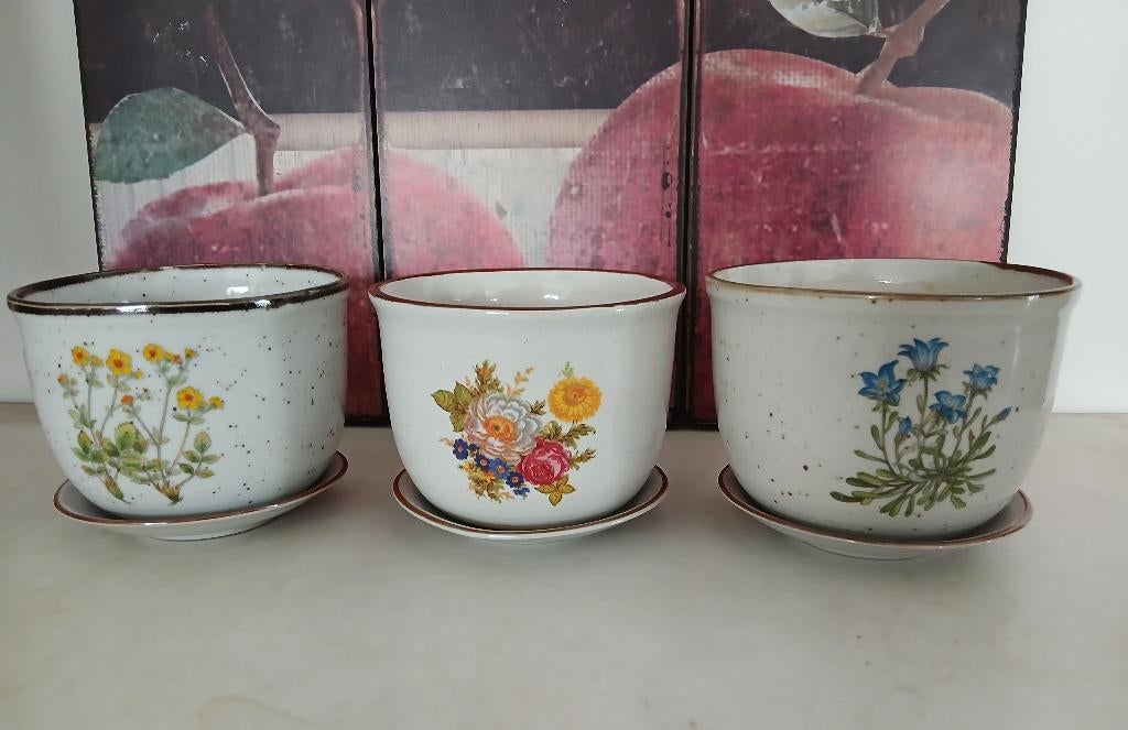 Vintage bloempotten botanica porselein Ø 13,5cm met schotel, Tuin en Terras, Ophalen of Verzenden, Binnen