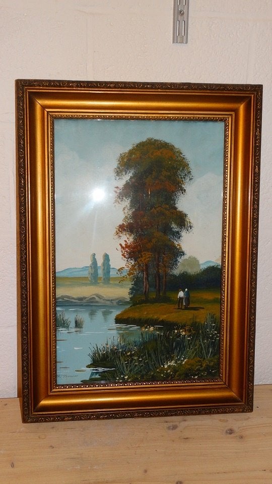 Raymond Blossier(xx ste eeuw) koppel aan oever, Antiek en Kunst, Kunst | Schilderijen | Klassiek, Landschap, Olieverf, Papier