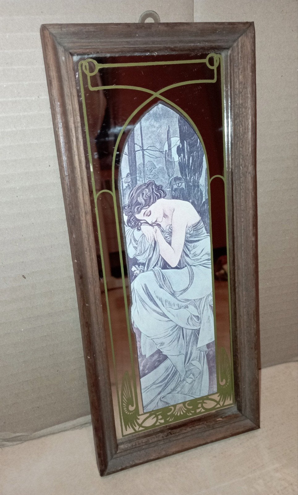 Vintage spiegel met print Alphonse Mucha, Antiek en Kunst, Antiek | Spiegels, Ophalen of Verzenden, Rechthoekig, Minder dan 50 cm