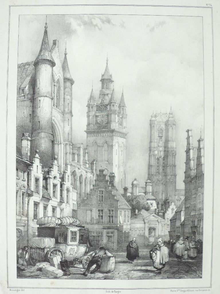 antieke grote lithografie GENT torens 'Tour de Belfort' Gand, Antiek en Kunst, Ophalen of Verzenden