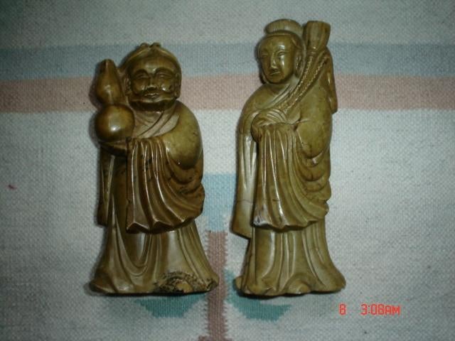 3 beelden speksteen + houten tempelwachter enz, Ophalen of Verzenden