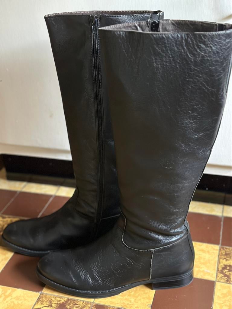 Zwarte lederen laarzen, Kleding | Dames, Hoge laarzen, Zwart, Ophalen of Verzenden, Zo goed als nieuw
