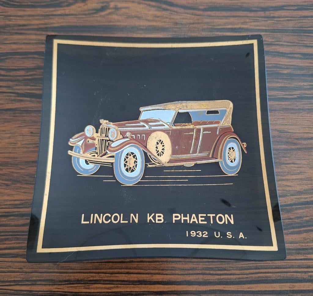 Vintage glazen bordje oldtimer Lincoln KB Phaeton 1932 USA, Ophalen of Verzenden, Zo goed als nieuw