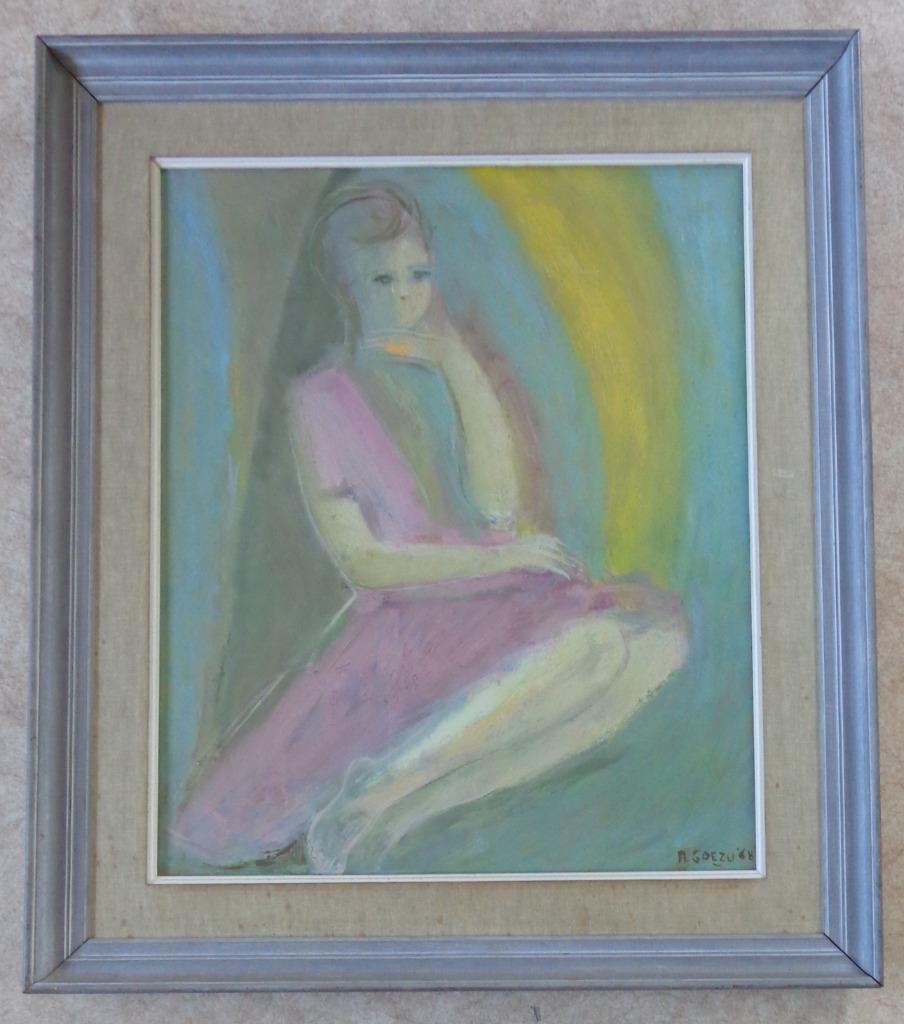 ANDRE GOEZU / ZITTENDE VROUW / OLIEVERF DOEK / 94x82cm KADER, Ophalen