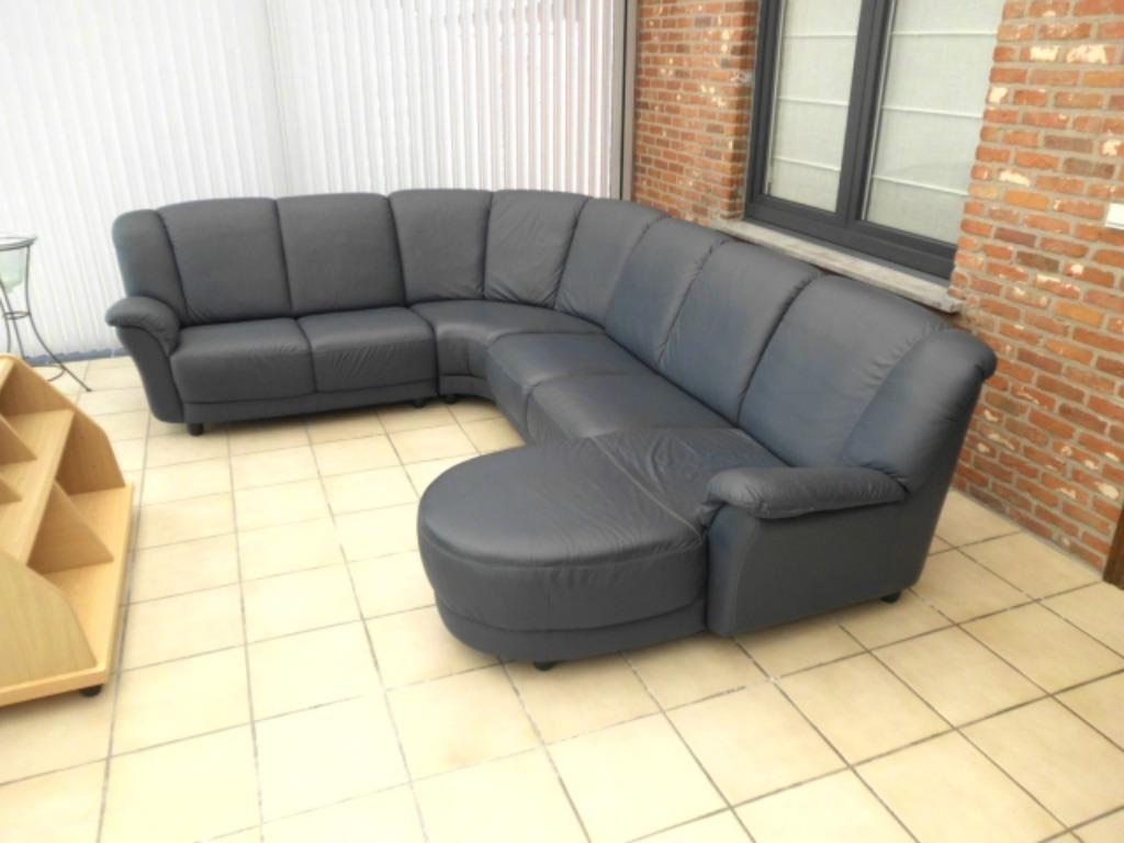 Blauwe lederen hoekzetel met chaise longue, Ophalen, Zo goed als nieuw, Vierpersoons of meer, Leer
