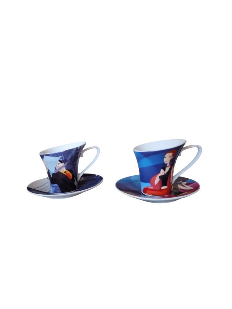 2 tasses asymétriques colorées avec sous-tasses, Enlèvement ou Envoi, Comme neuf, Tasse(s) et/ou soucoupe(s)