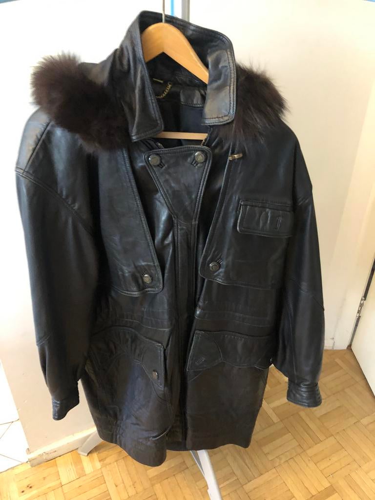 Manteau en cuir avec capuche - Taille : 46, Enlèvement, Porté, Taille 46/48 (XL) ou plus grande, Noir