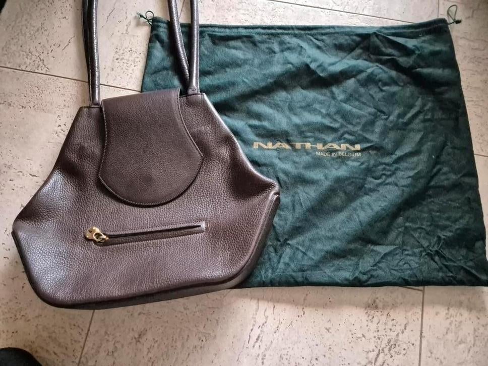 Bruine lederen vintage Nathan handtas- perfecte staat, Ophalen of Verzenden, Handtas