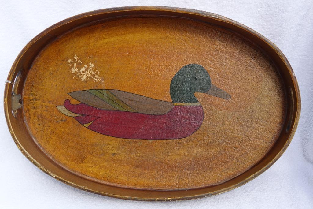 Vintage Engels houten dienblad handgeschilderd met eend, Antiek en Kunst, Ophalen of Verzenden