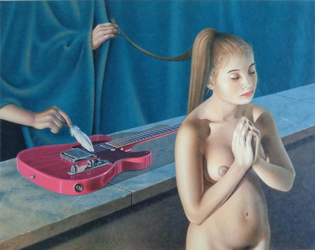 BERNARD MOLDAWAN / NAAKTE VROUW GITAAR / KLEURLITHO 56x76cm, Enlèvement ou Envoi