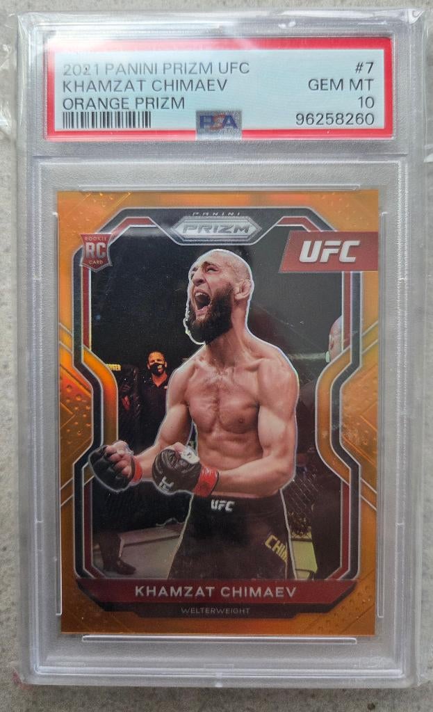 2021 UFC Khamzat Chimaev Orange 80/99 'true rookie' PSA 10, Hobby en Vrije tijd, Verzamelkaartspellen | Overige, Nieuw, Sleeves of Kaarthoesjes