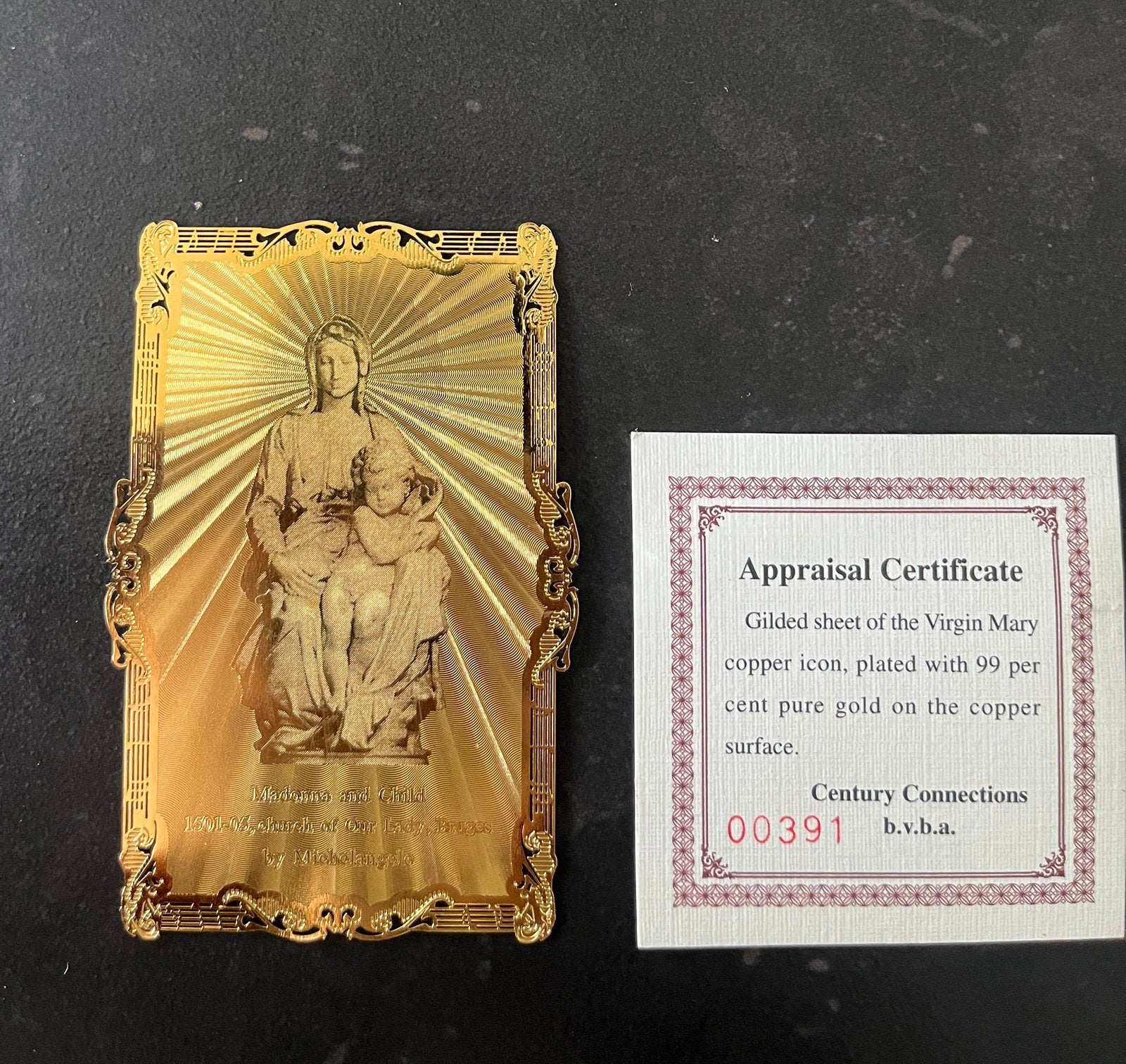 Gouden bidprentje ‘Madonna and child’, Ophalen of Verzenden