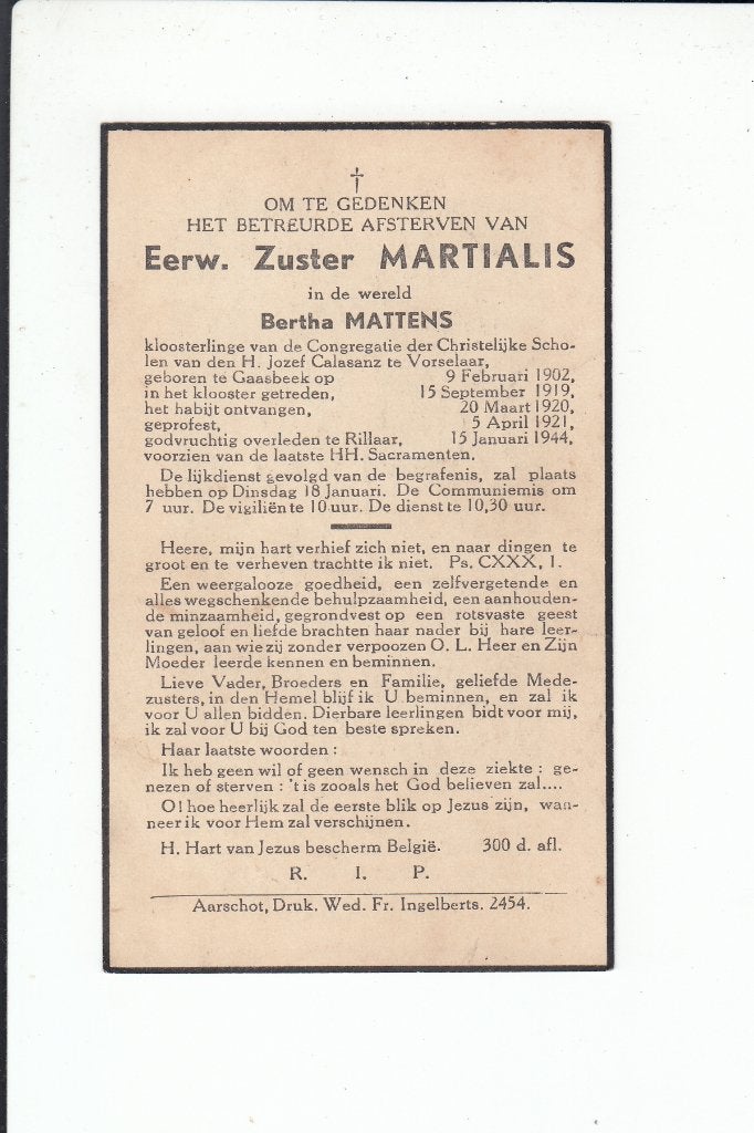 Kloosterzuster Bertha Mattens Gaasbeek - overl. Rillaar 1944, Verzamelen, Bidprentjes en Rouwkaarten, Verzenden, Bidprentje