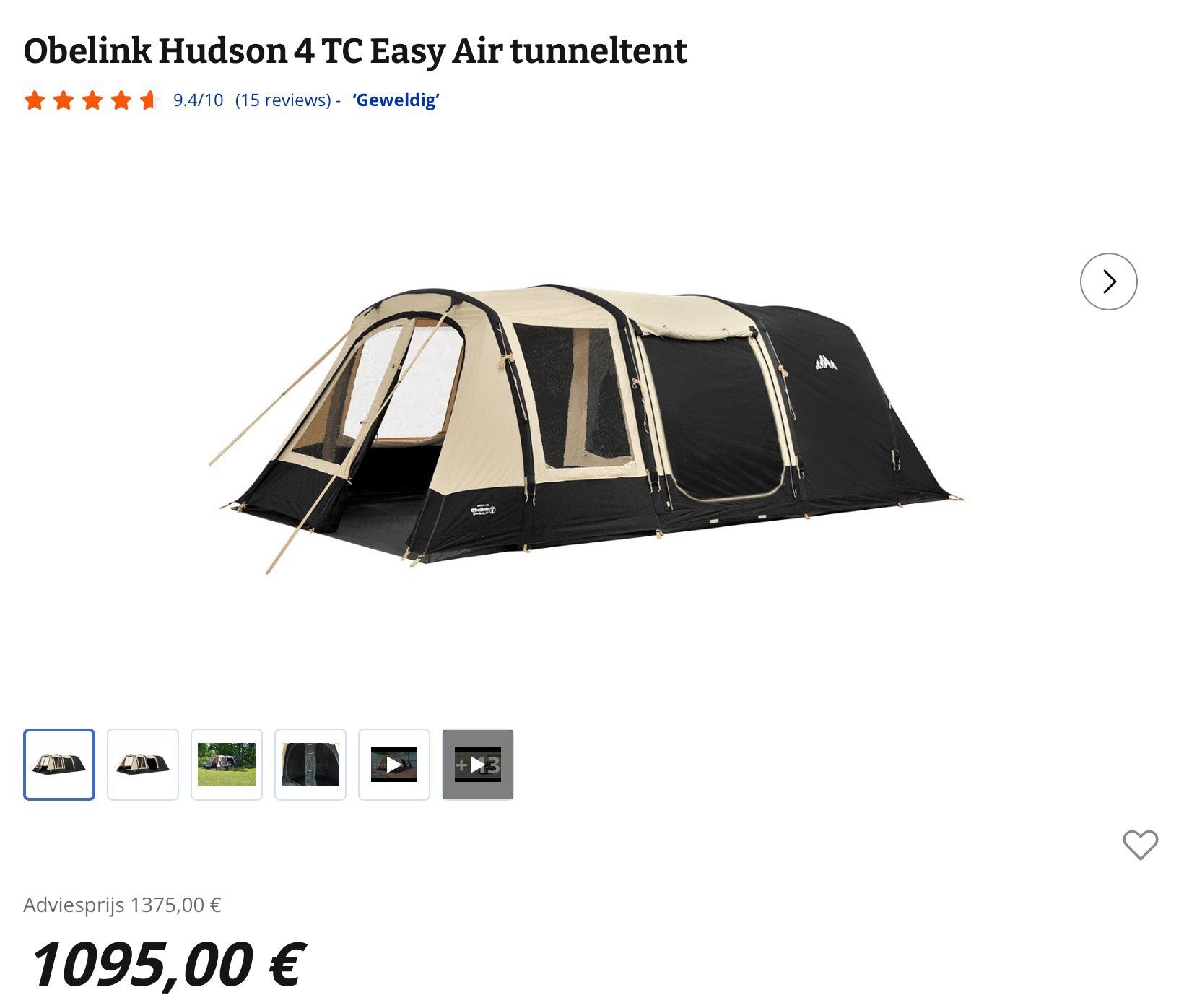 Opblaasbare Obelink tunneltent 4 personen - 1 keer gebruikt, Ophalen, Zo goed als nieuw