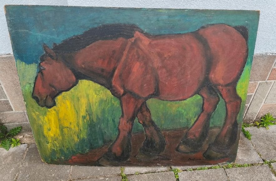 Huile sur panneau cheval signe milo dardenne, Enlèvement, Panneau