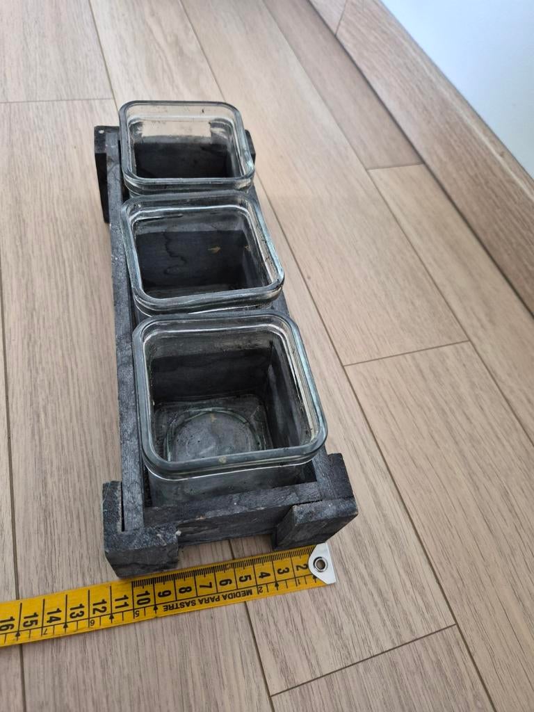 Étagère en bois avec 3 pots de fleurs en verre, Enlèvement ou Envoi