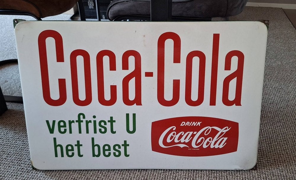 Mooi emaille reclamebord voor Coca-Cola, Langcat Bussum., Verzamelen, Ophalen of Verzenden, Gebruikt, Reclamebord