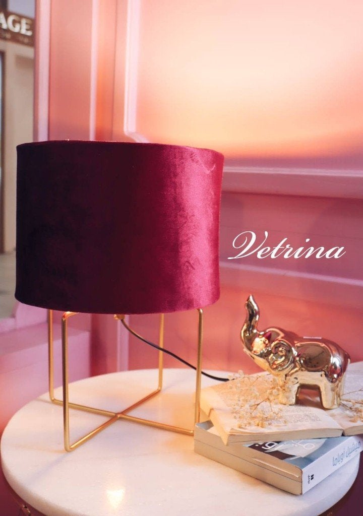 lampe de chevet à poser en velours framboise pied doré, Meerkleurig, 45 cm, Nachtlamp, Nieuw