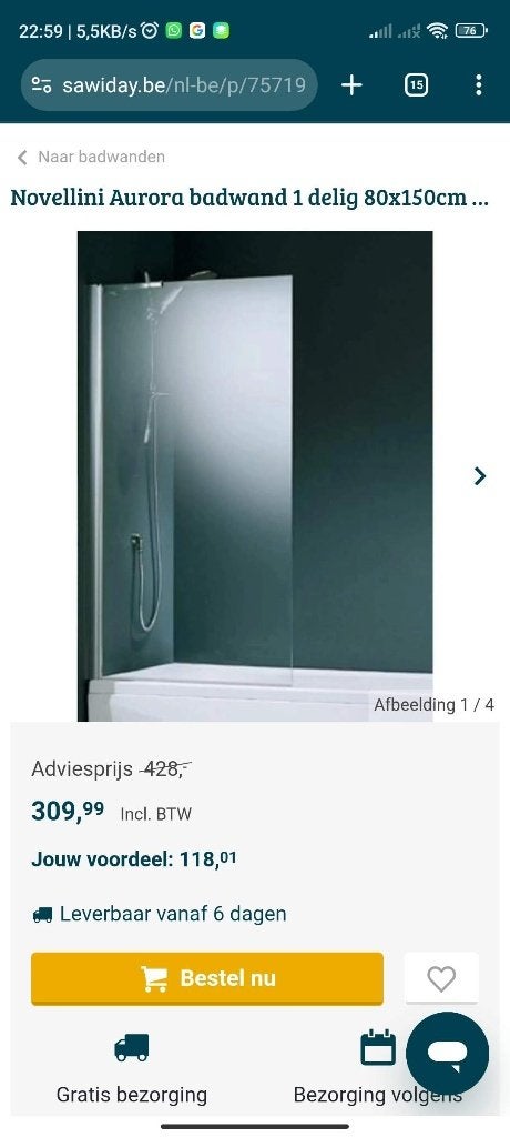 Novellini Aroura badwand 80×150, Doe-het-zelf en Bouw, Ophalen, Nieuw, Bad