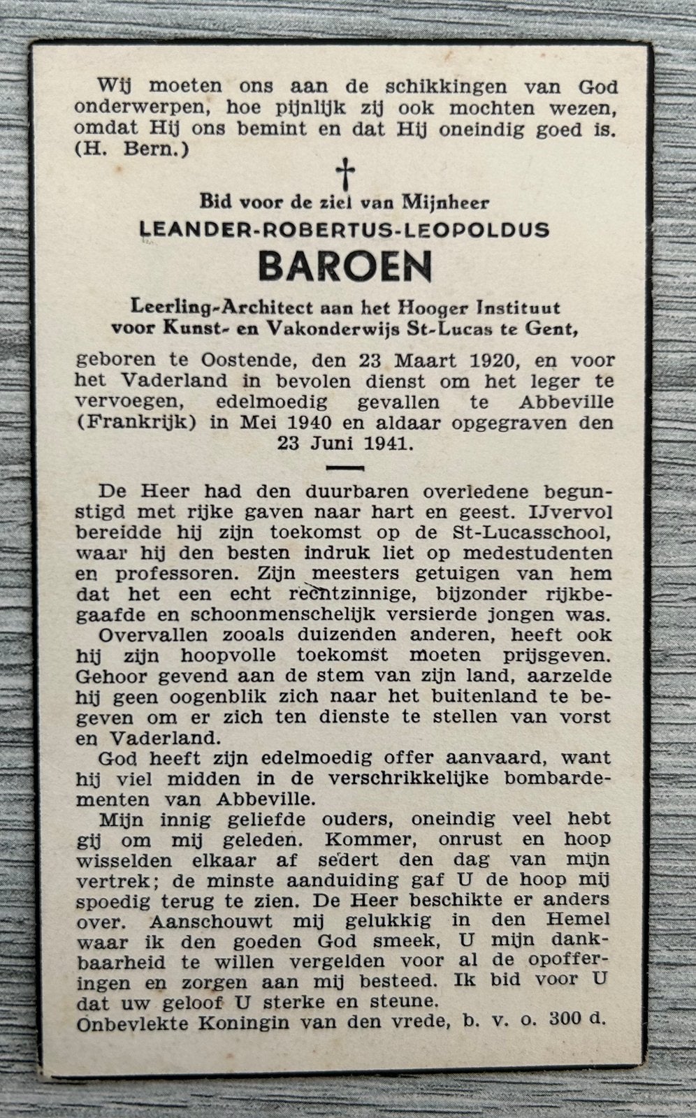 Mai 1940 : VOLONTAIRE  Baroen, né à Ostende, Collections, Enlèvement ou Envoi
