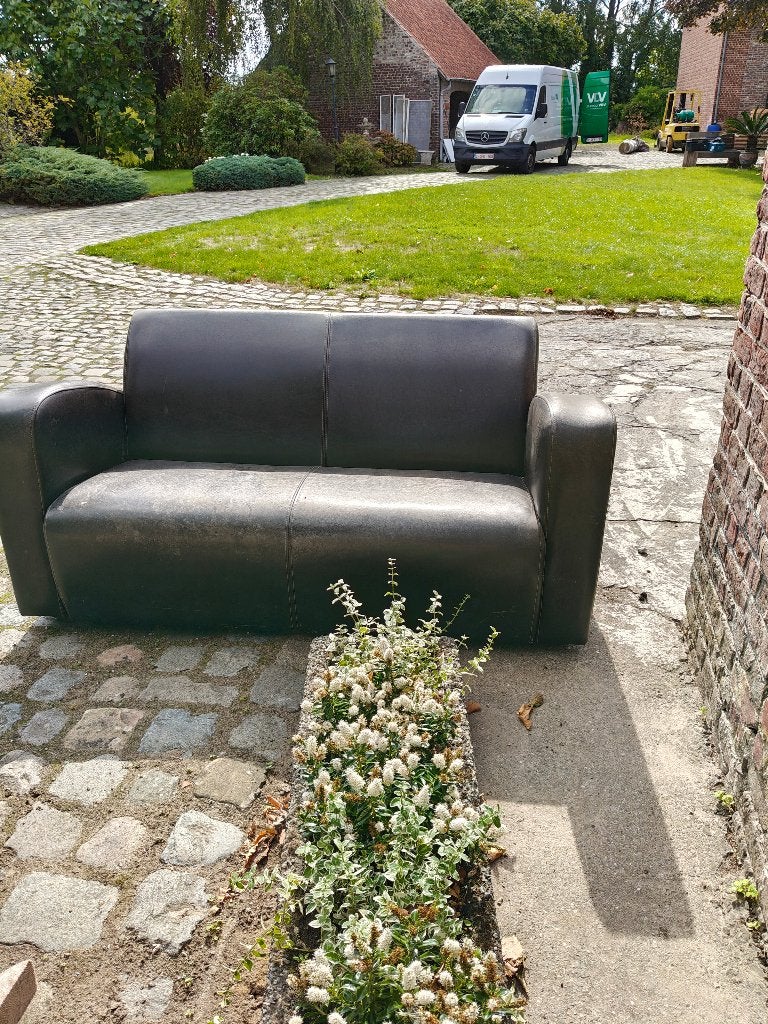 Twee zit en driezit zetel in bruin kunstleer, Maison & Meubles, 100 à 125 cm, Bois, Klassiek art deco, Enlèvement