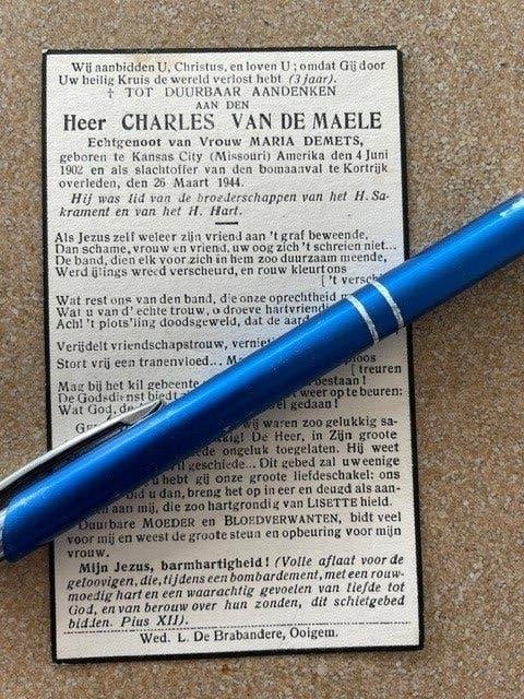 40-45 BOMAANVAL TE KORTRIJK 26/3/1944 VAN DE MAELE 1902, Verzamelen, Bidprentjes en Rouwkaarten, Ophalen of Verzenden, Bidprentje