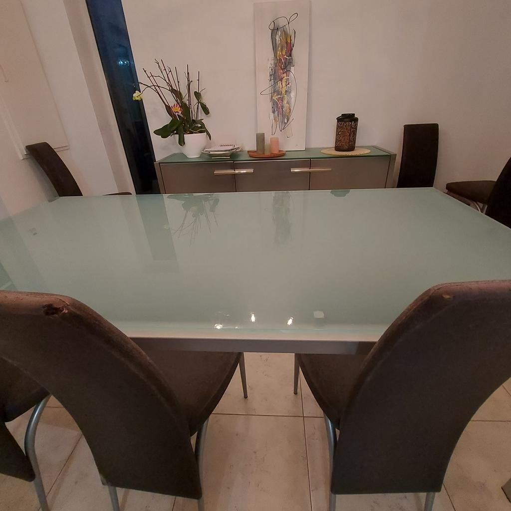Glazen eettafel gezandstraald. 200x100, Huis en Inrichting, Tafels | Eettafels, Ophalen, Zo goed als nieuw