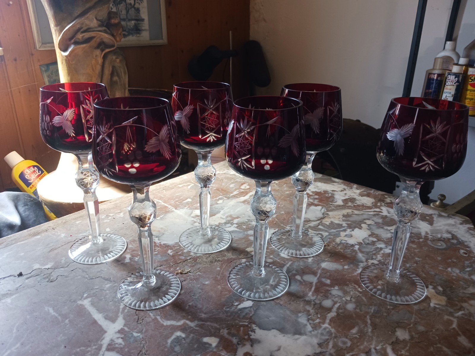 6 Boheemse kristallen wijnglazen., Antiek en Kunst, Antiek | Glaswerk en Kristal, Ophalen