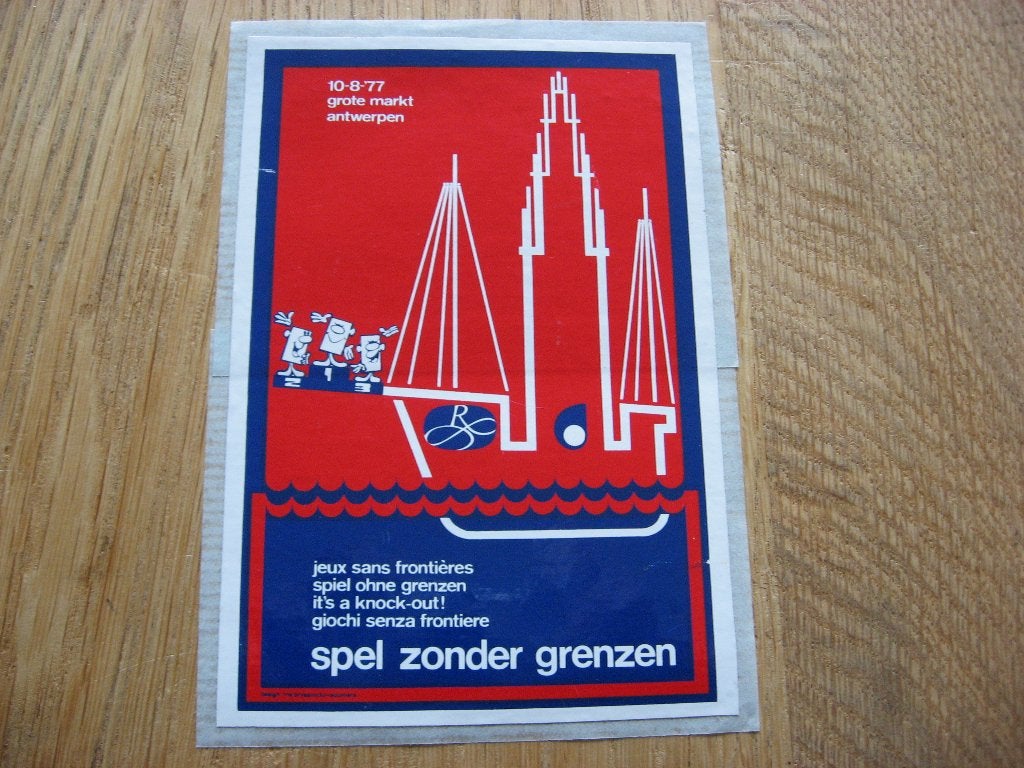 Vintage Sticker Spel Zonder Grenzen '77 BRT Antwerpen Grote, Verzamelen, Ophalen of Verzenden, Nieuw, Bedrijf of Vereniging