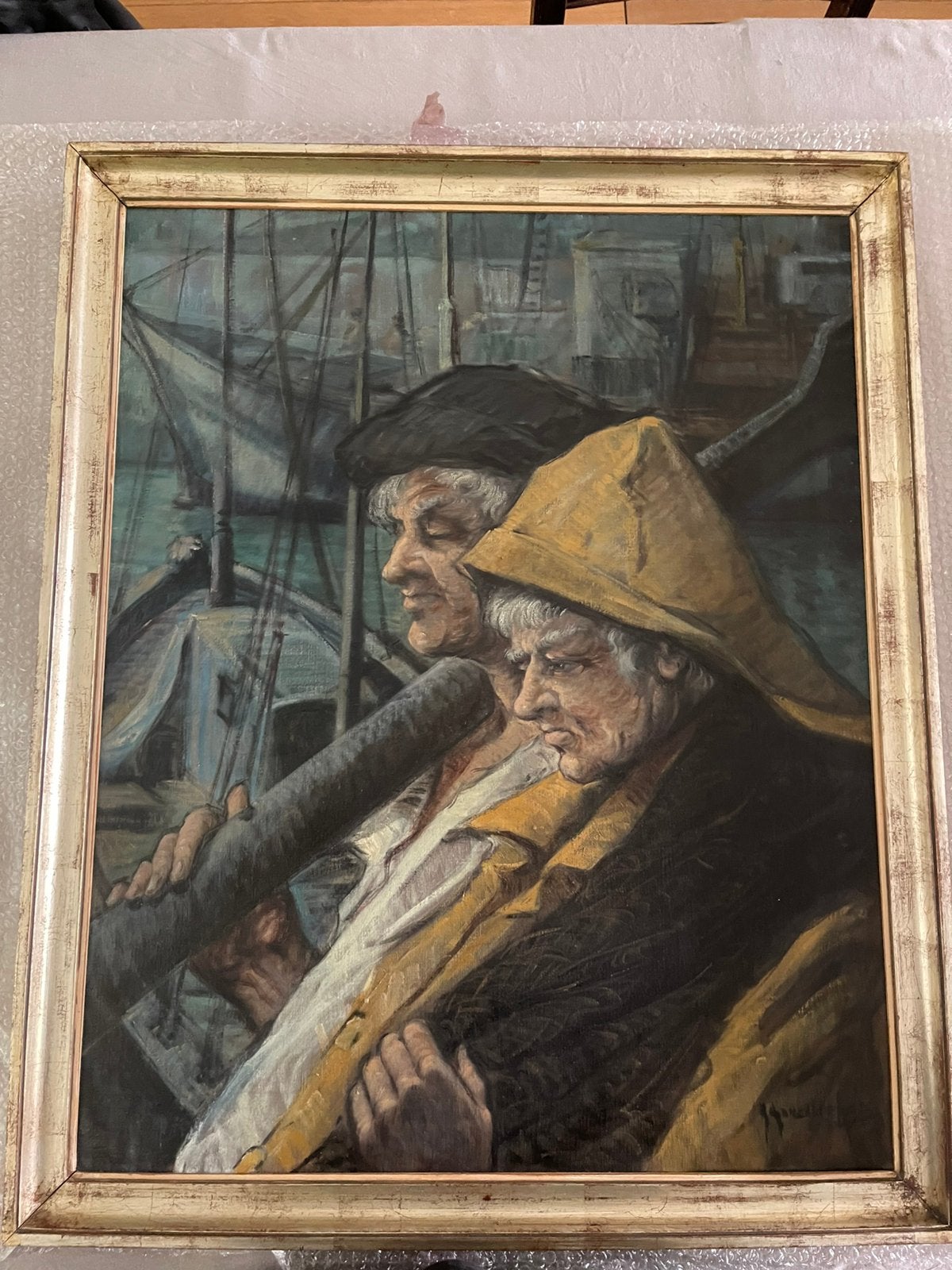 Oud maritiem schilderij – twee zeelieden, Antiek en Kunst, Ophalen, Vintage, Olieverf, Doek