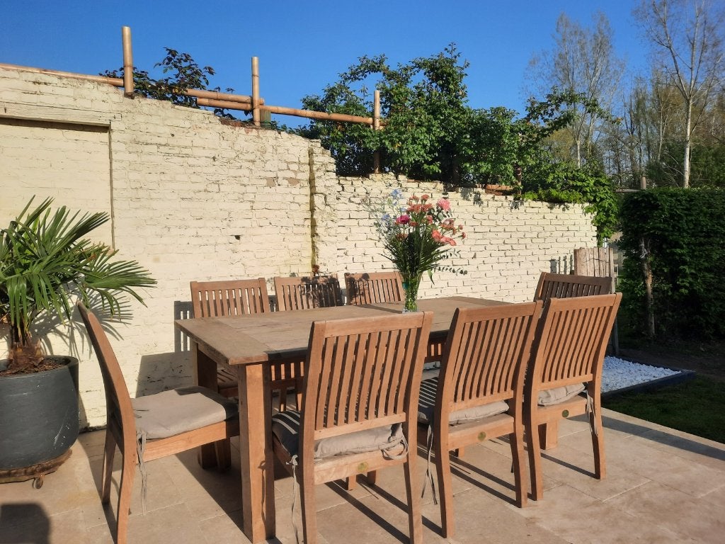 tuintafel en 8 stoelen - teakhout, Ophalen, Zo goed als nieuw, Rechthoekig, Teakhout