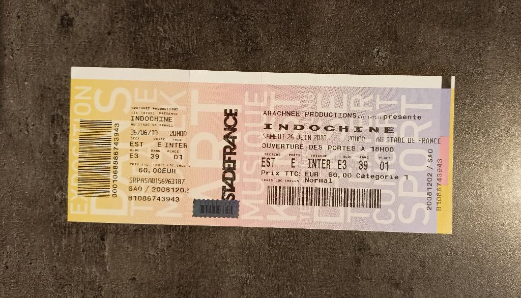 Ticket Indochine Stade de France Paris 26.06.2010, Tickets en Kaartjes, Evenementen en Festivals